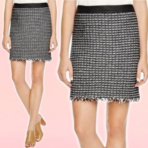 TORY BURCH Raffia A-Line Tweed Fringe Skirt Sz 8 Black White - Picture 1 of 6